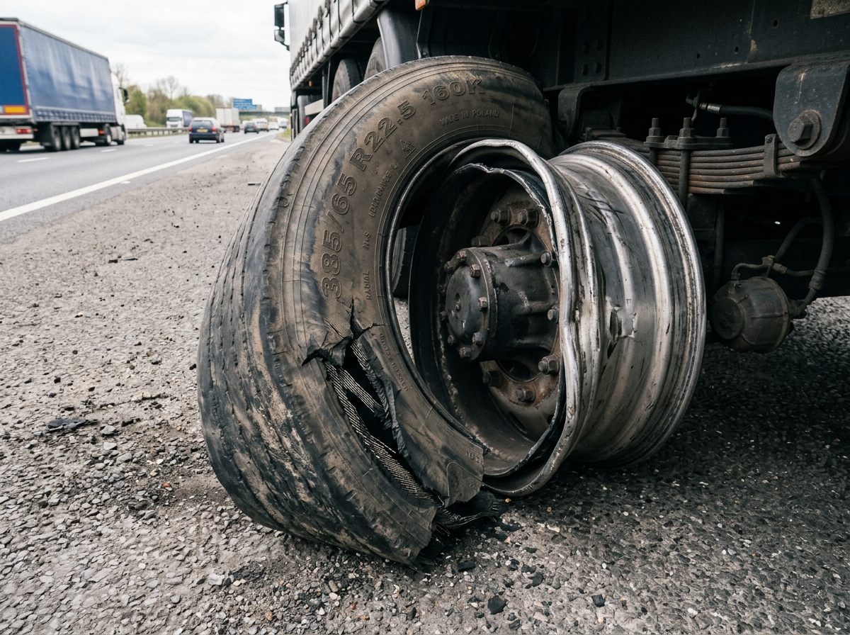 Wymiana opony 385/65 R22.5 i felgi w naczepie na autostradzie A8 koło Chiemsee: niepasujące koło zapasowe (315/70) i rozwiązanie na miejscu