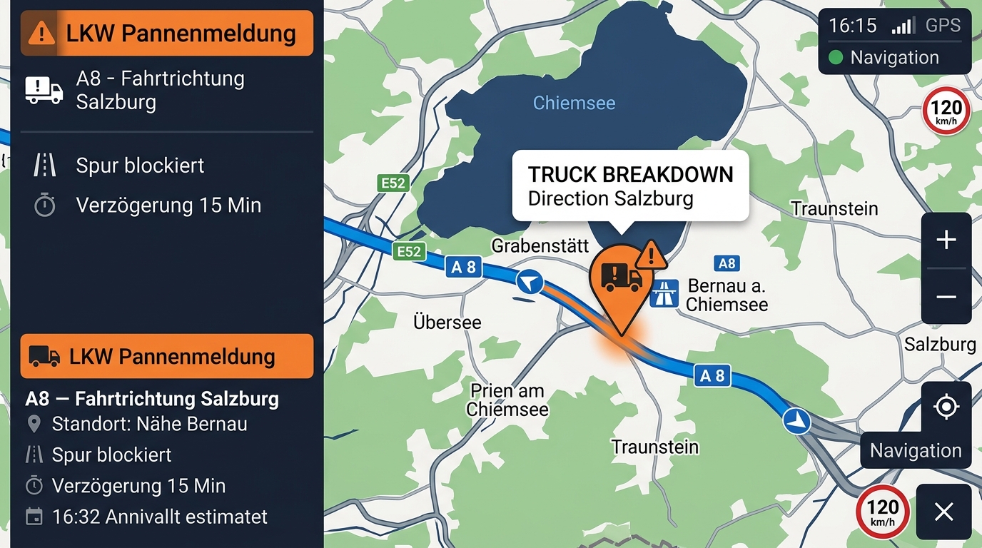 Wymiana opony 385/65 R22.5 i felgi w naczepie na autostradzie A8 koło Chiemsee: niepasujące koło zapasowe (315/70) i rozwiązanie na miejscu